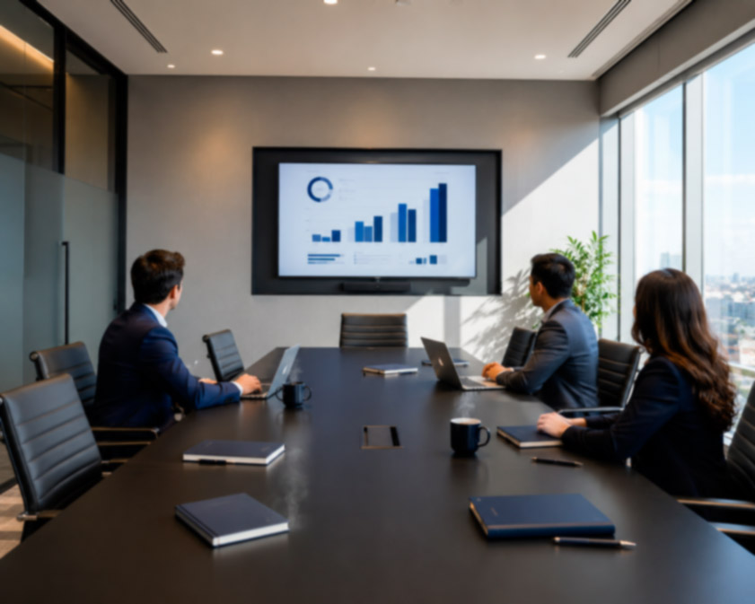 Sala de reuniones corporativa moderna con mesa negra, sillas ejecutivas, personas anónimas en reunión de trabajo y pantalla con gráficas en azul marino. Fotografía editorial corporativa sin logotipos ni rostros identificables.