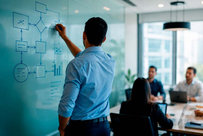 Consultor anónimo de espaldas trazando diagrama de flujo en pizarrón de vidrio azul frente a participantes en sala de juntas moderna. Fotografía editorial corporativa sin logotipos ni rostros identificables.